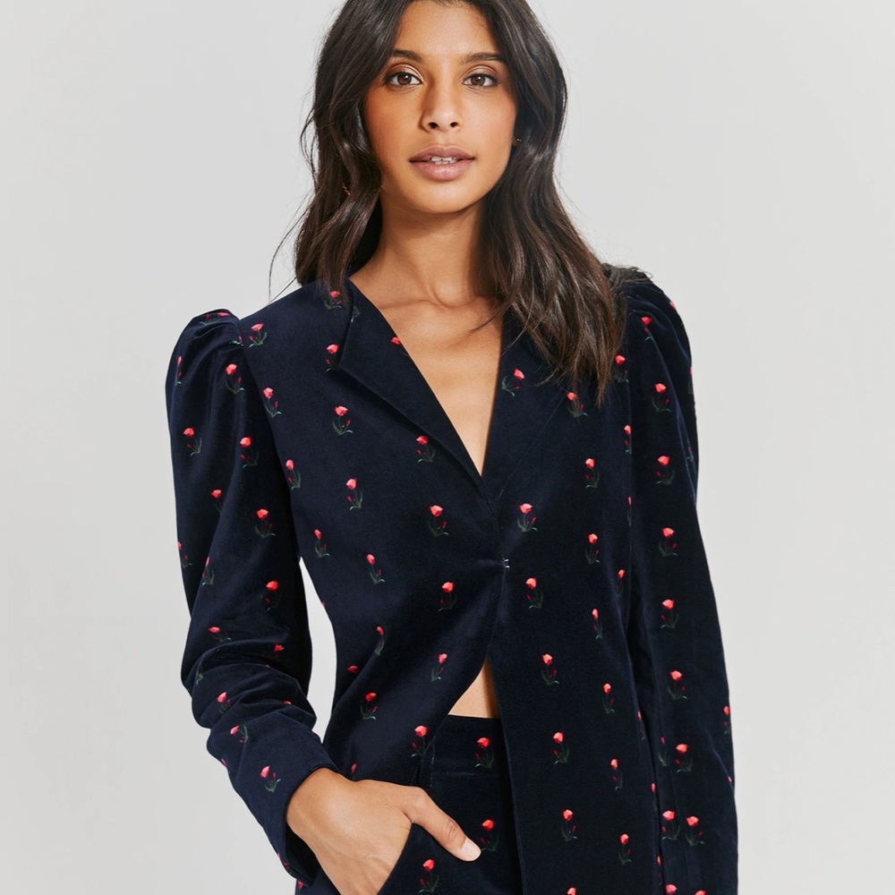 Something Navy Velvet Roses Puffer Suit